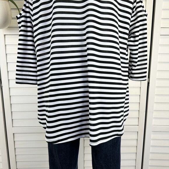 IC‎ by Connie K Black White Stripe Cold Shoulder Blouse Top Lagenlook Size L - Picture 7 of 9